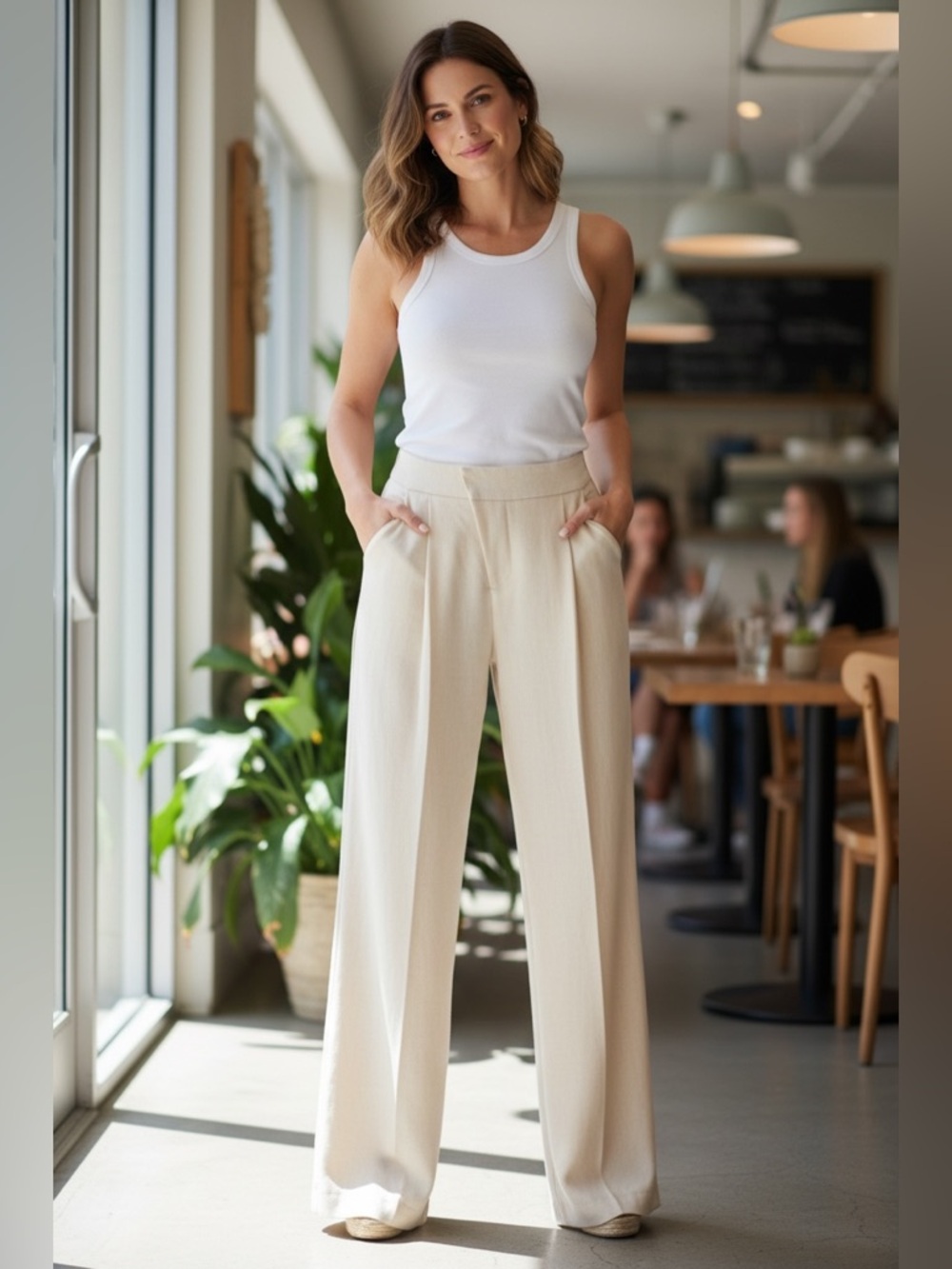 CAbi Cream Wide-Leg High-Rise Trousers Size2 Cream